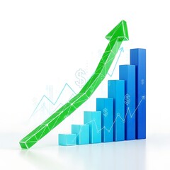 A large green arrow rising above an ascending blue bar chart, illustrating financial growth and success