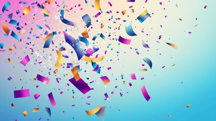 Burst of party popper with multicolored streamers and confetti elements in various geometric shapes, digital vector art style with crisp edges and vivid colors against gradient background