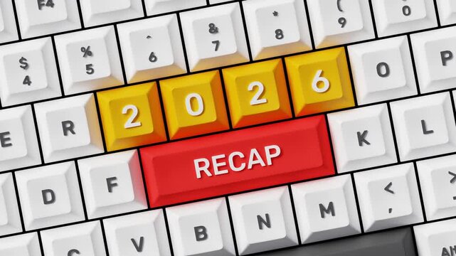 2026 Recap. Highlights Business Achievements, Personal Milestones, Financial Decisions, Goal Progress, Lessons Learned, Growth Mindset, and Future Planning. 3D Keyboard with 2026 Buttons. 4K 3D Video