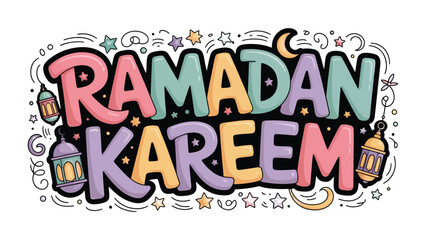 Ramadan Kareem Illustration: A festive illustration of the phrase Ramadan Kareem artfully combines calligraphy with colorful decorative elements, including crescent moons and lanterns.