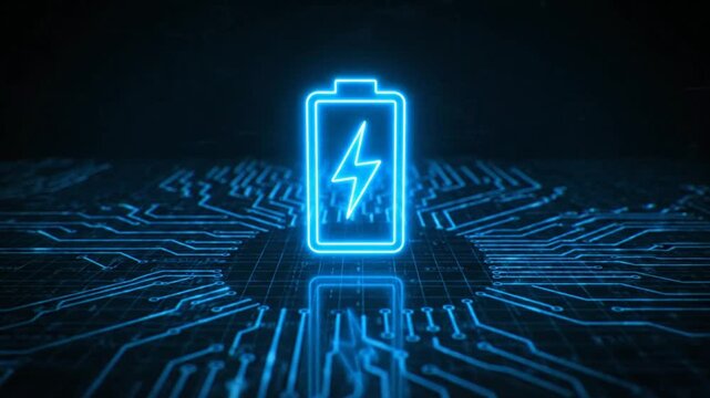 Futuristic neon blue battery icon charging as electric energy streams flow across a dark circuit board