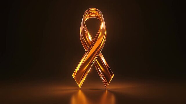 A glowing amber awareness ribbon stands centered on a dark background, showing soft radiant highlights and reflective shine symbolizing strength, hope, and support for appendix cancer awareness.