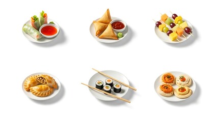 Assorted dishes on white background isolated for food content