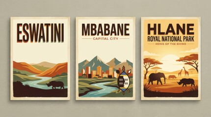 eswatini travel poster set with three coordinated designs