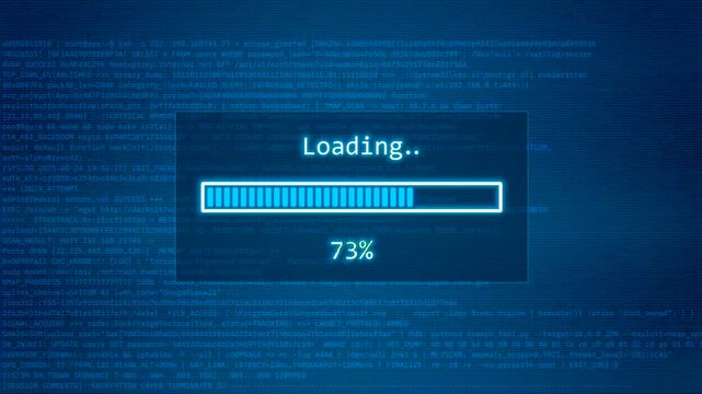 Digital Loading Progress Bar Animation with Code Background, System Processing and Completion Interface Loop