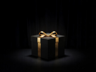 Luxury black gift box with gold ribbon on dark background, dramatic lighting