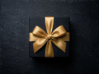 Top view of luxury black gift box with gold ribbon on dark textured background