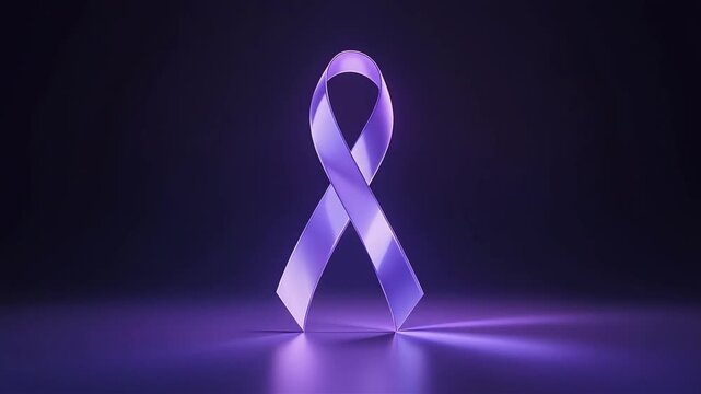 Periwinkle glass ribbon forming infinity symbol for cancer awareness, abstract purple glow, hope and strength concept, elegant futuristic 3D motion background.
