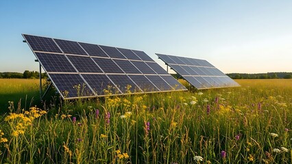 Solar panels in a vibrant field of wildflowers at sunset
