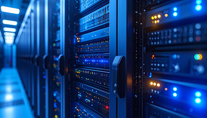 Tech Infrastructure: A state-of-the-art server room, rows of powerful servers hum, symbolizing the backbone of modern digital infrastructure, lit in cool blue hues.