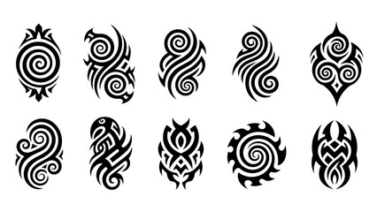 Diverse Collection of Black Graphic Tribal Art Designs, Perfect for Bold Ornamental Tattoo Inspiration or Stylized Decor Elements