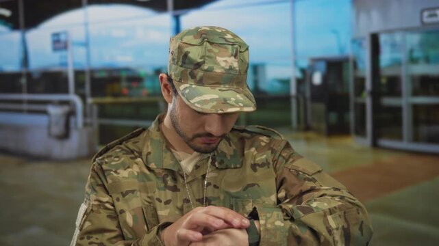 Man in camouflage uniform wearing dog tags checks watch at airport terminal outdoors by glass facade; duty.