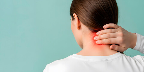 Woman massage her painful neck due to muscle tension or injury, providing relief for discomfort and stress. Concept of self care and wellness. Copy space background