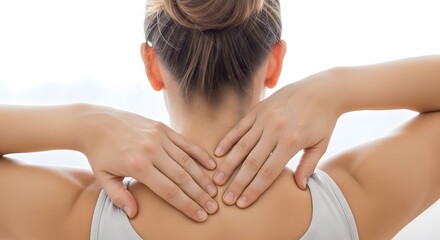 Woman massage her painful neck due to muscle tension or injury, providing relief for discomfort and stress. Concept of self care and wellness.