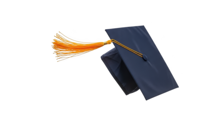 Navy blue graduation cap with orange tassel on black background