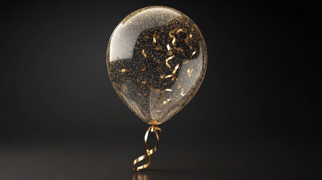 Ultrarealistic 3D rendering of transparent celebration balloon with gold glitter swirling inside, ribbon tie with metallic gold finish, subtle studio lighting creating glass-like reflections