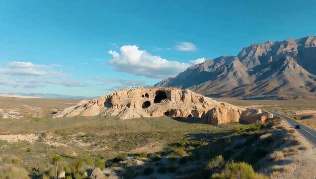 wide cinematic 4K view overlooking Hope Valley toward Cave Dale with Castleton Road visible on right side and black car passing through peaceful English