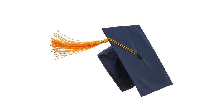 Navy blue graduation cap with orange tassel on black background