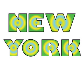 New york typography with a vibrant concentric circle pattern in green, yellow, and blue