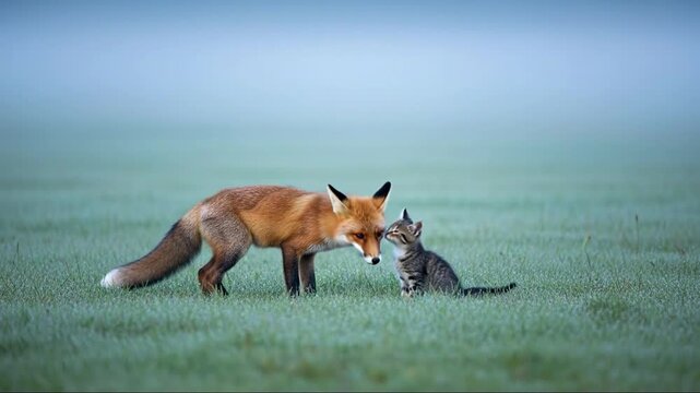 Fox and Kitten Friendship on Misty Field