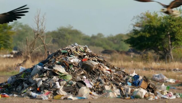 documentary style 4K aerial wildlife scene showing sou rn crested caracaras flying above garbage mound near recycling facility highlighting environmental challenges and scavenger bird