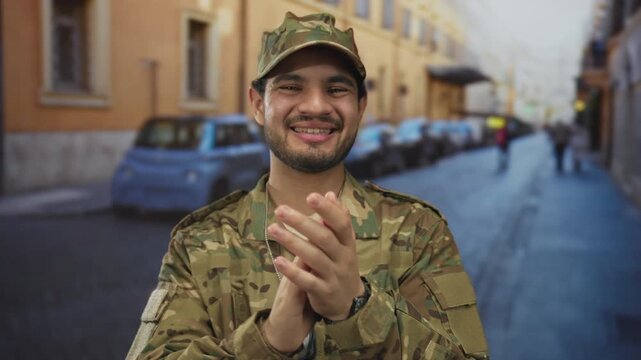 Young hispanic man in camouflage uniform energetically claps hands on busy urban street under bright sunlight; pride.