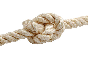 Thick beige rope tied in a complex knot against a black background braided