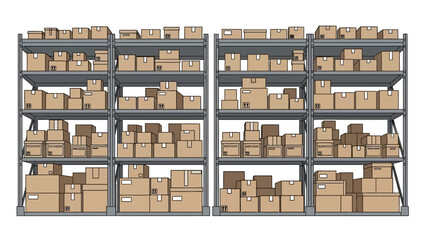 Warehouse shelving unit stocked with numerous cardboard boxes in a storage facility