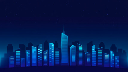 Fototapeta premium A digital illustration of a modern city skyline at night, rendered in a minimalist style with a deep blue color palette.