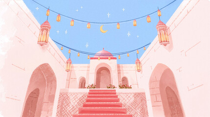 Pastel Ramadan social media banner with mosque arch, hanging lanterns, crescent moon and copy space.