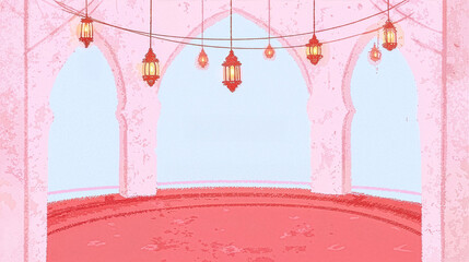 Pastel Ramadan social media banner with mosque arch, hanging lanterns, crescent moon and copy space.