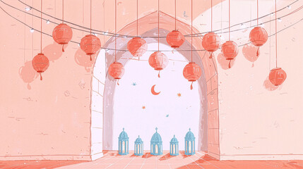 Pastel Ramadan social media banner with mosque arch, hanging lanterns, crescent moon and copy space.