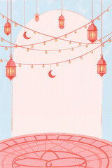 Pastel Ramadan social media banner with mosque arch, hanging lanterns, crescent moon and copy space.