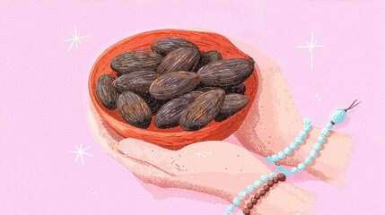 Ramadan Kareem background with hands holding dates, tasbih beads and copy space, symbol of iftar and suhoor.