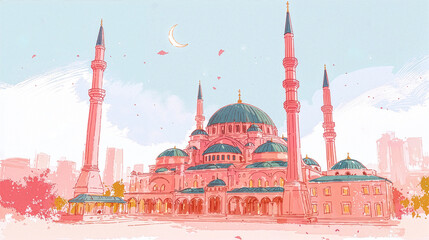 Ramadan Kareem background with grand mosque, tall minarets and crescent moon, soft pastel sky and copy space.