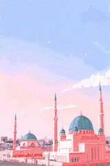 Ramadan Kareem background with grand mosque, tall minarets and crescent moon, soft pastel sky and copy space.