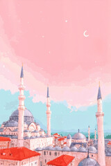 Ramadan Kareem background with mosque domes, tall minarets, crescent moon and soft pastel sky, copy space.