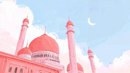 Ramadan Kareem background with mosque domes, minaret, crescent moon and pastel sky, vertical copy space.