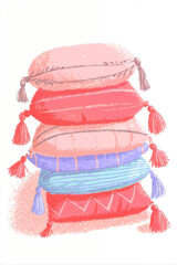 Ramadan Kareem background with stacked decorative pillows, cozy pastel illustration and copy space for design.