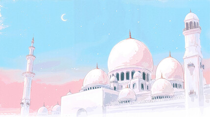 Ramadan Kareem background with mosque domes, minaret, crescent moon and pastel sky, vertical copy space.