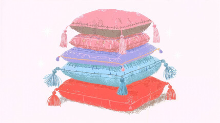 Ramadan Kareem background with stacked decorative pillows, cozy pastel illustration and copy space for design.