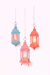 Ramadan Kareem background with glowing hanging lanterns on pastel backdrop, copy space for banner or design.