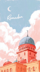 Ramadan Kareem background with mosque tower and domes, crescent moon, soft clouds and copy space.