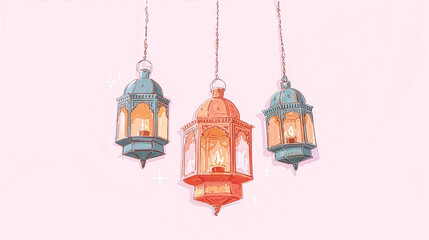 Ramadan Kareem background with glowing hanging lanterns on pastel backdrop, copy space for banner or design.