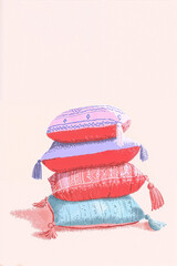 Ramadan Kareem background with stacked decorative pillows, cozy pastel illustration and copy space for design.