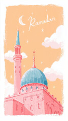 Ramadan Kareem background with mosque tower and domes, crescent moon, soft clouds and copy space.