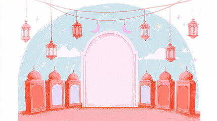 Ramadan Kareem background with lanterns, mosque arches and crescent moon