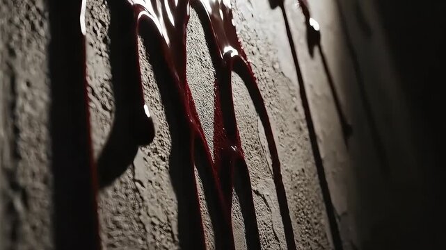 Dark red paint or blood flowing down a grunge concrete wall with cracks and texture in a dark spooky room