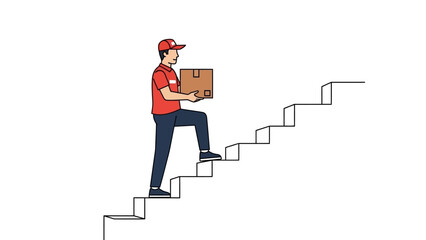 Delivery person climbing stairs with package, representing logistics and shipping services