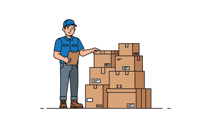 Delivery person holding clipboard and standing by stack of cardboard boxes, courier service concept